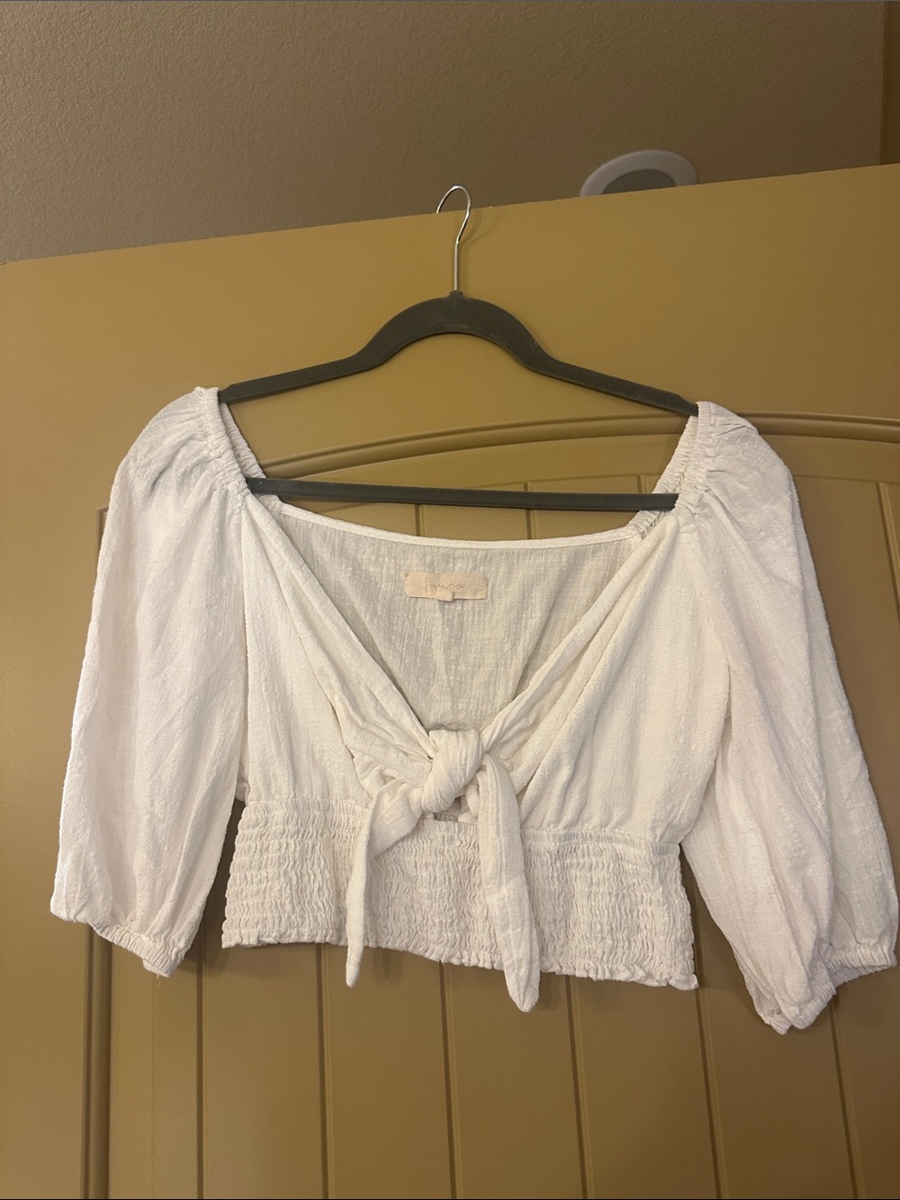 Women's White Tie-Front Cropped Peasant Top